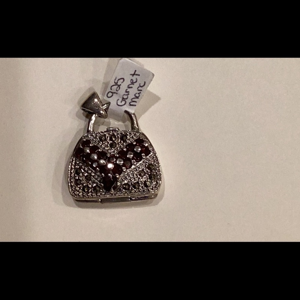 Silver Handbag Pendant Necklace with Garnet Heart Accent